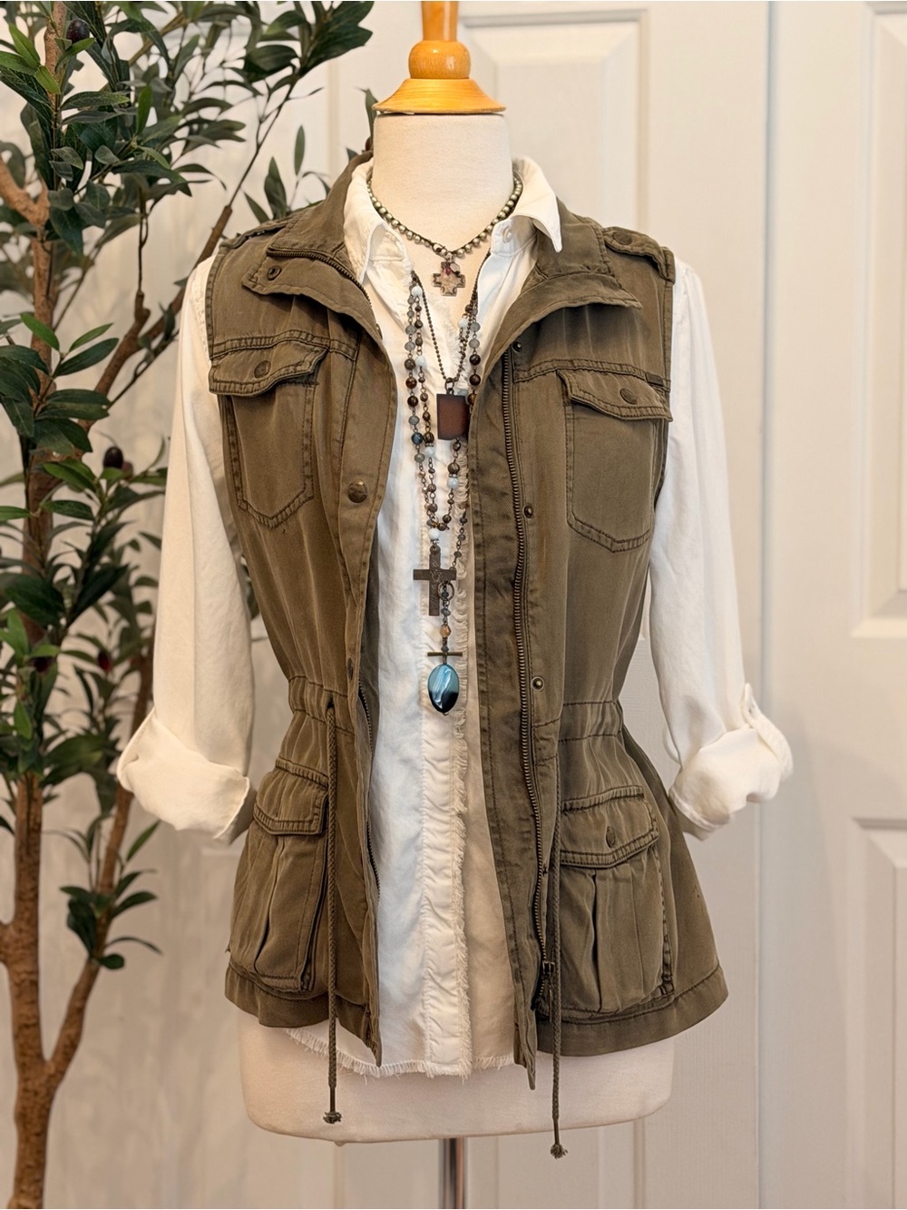 Max Jeans Olive Sleeveless Utility Vest Pockets Drawstring Waist